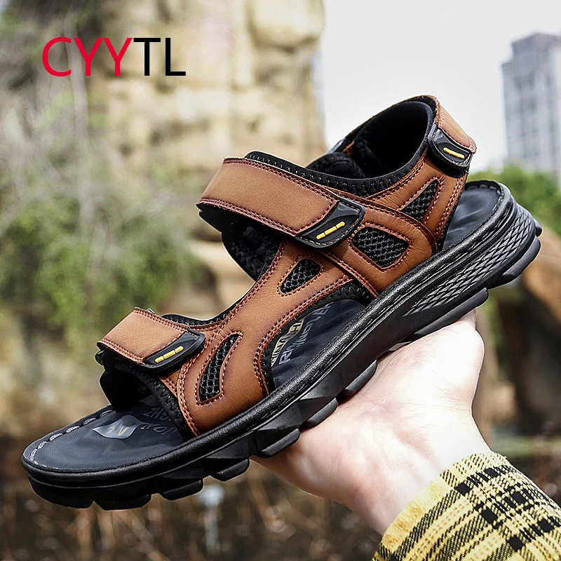 

CYYTL Men's Sandals Adjustable Open Toe Leather Shoes Outdoor Beach Driving Fisherman Slippers for Summer Hiking Sport Walking