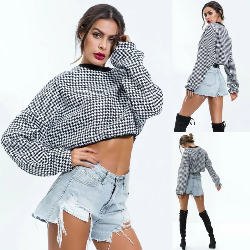 Женский пуловер с капюшоном в стиле хип-хоп длинным рукавом гусиные лапки