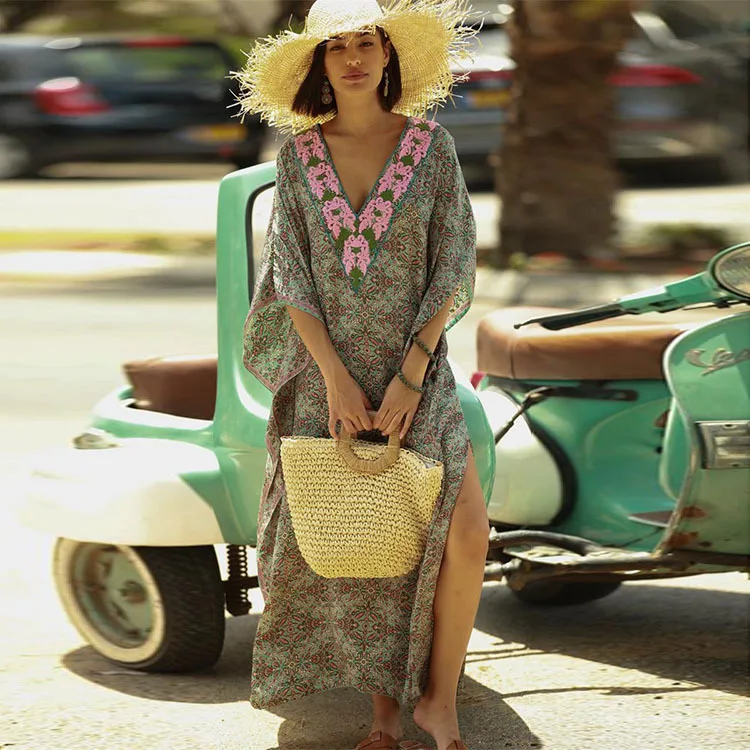 

Swim Cover Up Plus Size Swimwear Beach Coverups For Women Tunicas De Praia 2021 Retro Pareo Female Swimsuits Dress Kaftan Print
