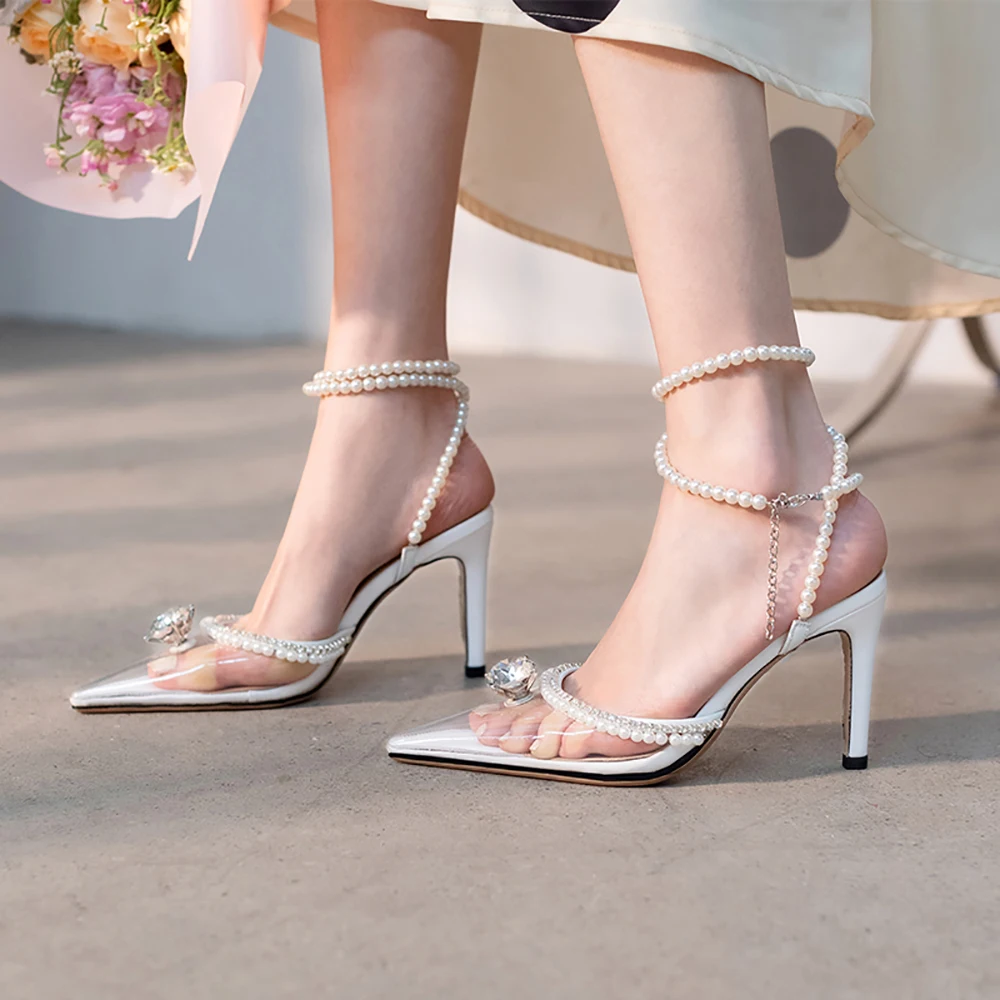 

ISNOM 2021 Ladies Transparent Pvc Sandals Women Thin High Heels Pointed Toe Sandals Pearl Decor Rhinestone Summer Casual Shoes