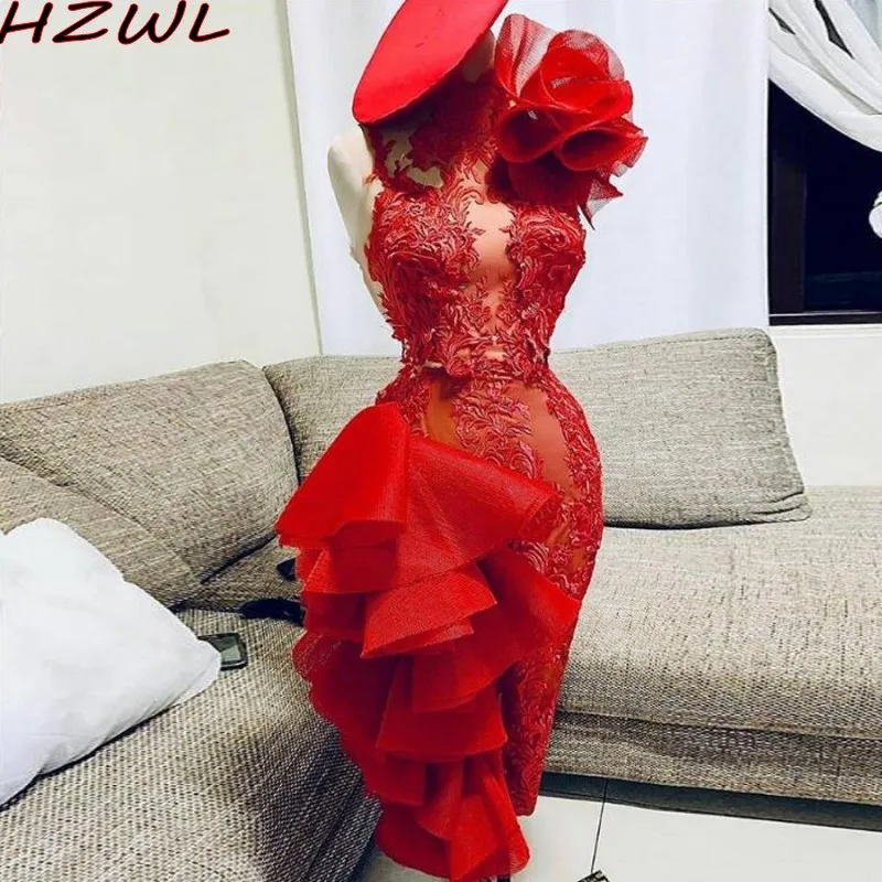 

Red Illusion Sexy Mermaid Prom Dresses Knee Length Lace Appliques Party Gowns Flower Ruffles Formal Vestidos Evening Dress