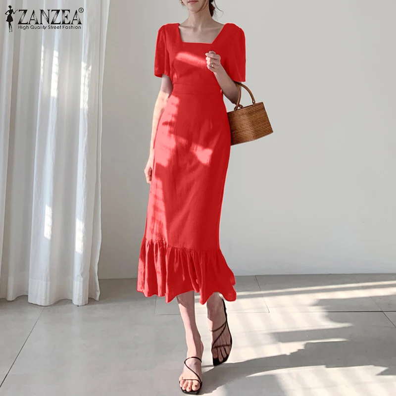 

ZANZEA для женщин летнее элегантное обтягивающее платье модный квадратный вырез короткий рукав; Гофрированная кромка; Открытое платье без рук...