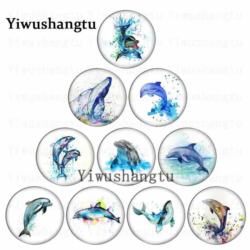 

Watercolor cute dolphins Whale animals 10pcs mixed 12mm/20mm/25mm/30mm photo glass cabochon demo flat back Making findings