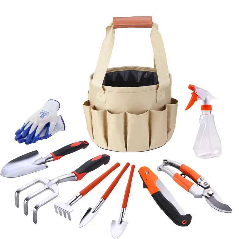 10PCS/Set Garden Tool Set Gloves Pruner Rake Fork Spade Shovel Trowel Knife Water Spray Bottle Garden Tool Set with Bucket Bag