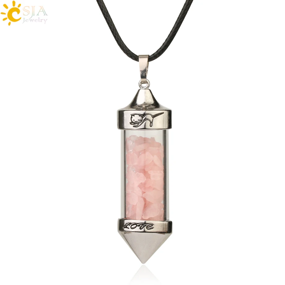 Rose Quartz Chain Csja желая Подвески с флаконами ожерелья натуральный камень Гравий в форме пули кулон Романтическая любовь юбилей подарок для женщин G184 - Окраска металла: Rose Quartz Chain