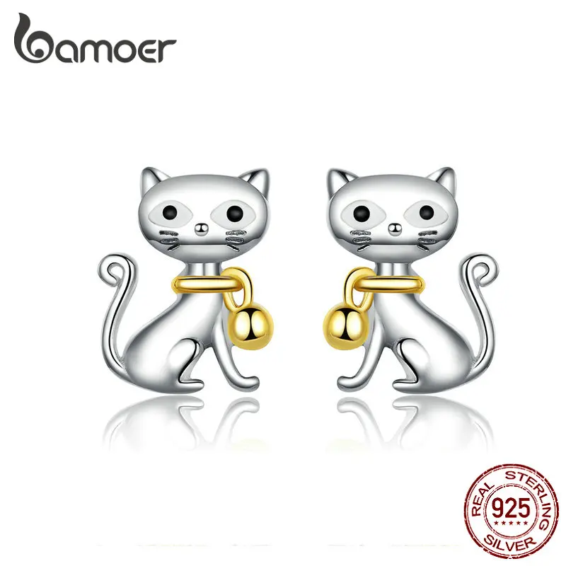 BAMOER, новинка, 925 пробы, серебро, милый кот, животное, колокольчик, серьги-гвоздики с животными для женщин, гвоздики, ювелирное изделие, подарки для детей, BSE112