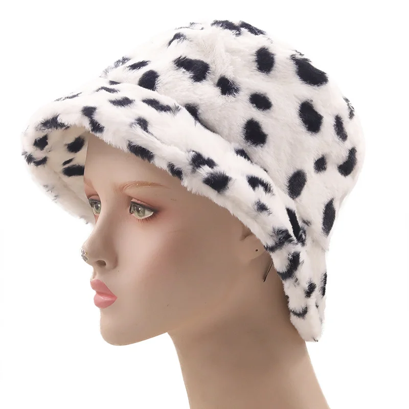 

New Winter Leopard Print Faux Fur Plush Bucket Hats For Women Outdoor Warm Sun Hat Soft Velvet Fisherman Cap Lady Fashion Panama