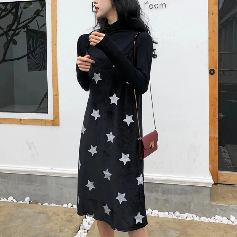 PERHAPS U женское черное бархатное платье-миди с длинным рукавом и высоким воротом |