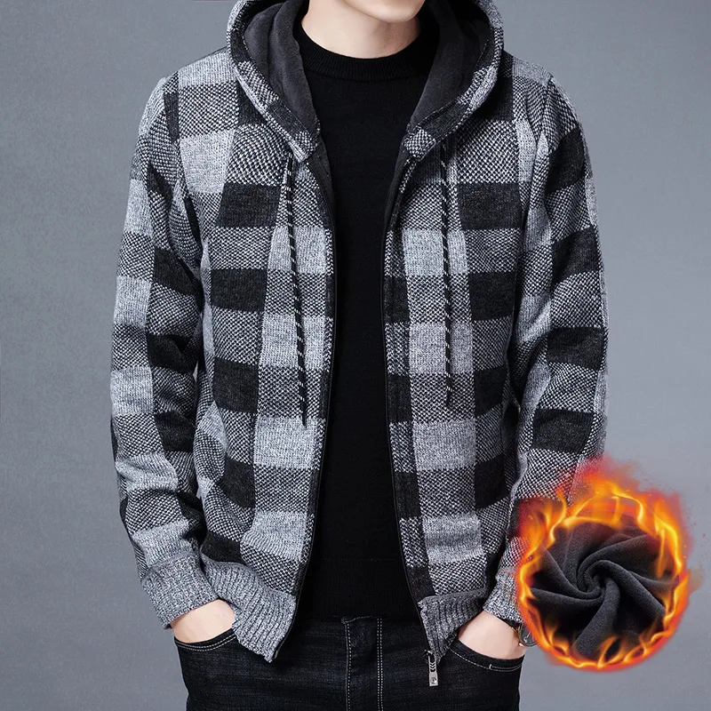 NEW Men's Sweater Coat 2021 Autumn Winter Thick Warm Hooded Plaid Wool Sweater Cardigan Jumpers Zipper Fleece Coat Men winter thick warm sweater coat men cardigan jumpers men patchwork cashmere wool liner zipper fleece coats men