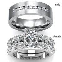 carofeez trendy lovers rings simple stainless steel mens ring romantic heart rhinestones zircon women%e2%80%98s rings set