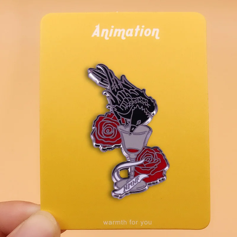 Red Rose Crow Wine Brooch NMNF Raven Enamel Pin &quotNO MOURNERS NO FUNERALS&quot the Six of Crows Badge | Brooches