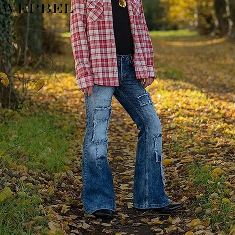 

WEPBEL High Street Spliced Washed Jeans Mens High Waist Wide Leg Straight Denim Flare Pants Retro Loose Casual Denim Trousers