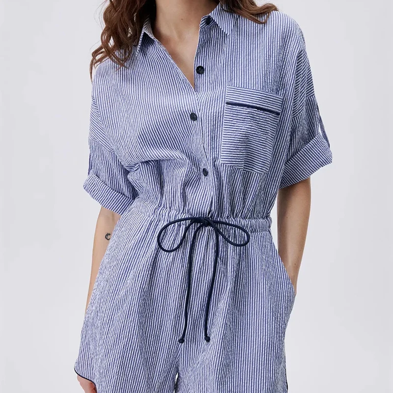 

2021 New Women Vintage Pockets Patch Strip Print lace up Sashes Playsuits Female Shorts Siamese Chic Casual Slim Rompers