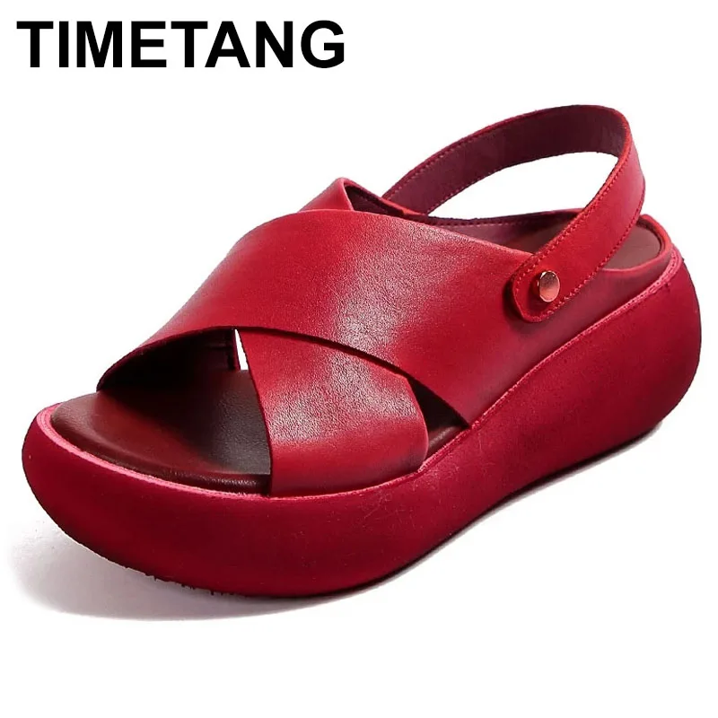 

TIMETANG Fashion retro leather peep-toe sandals women's summer new top layer cowhide casual 6cm thick soles shoes