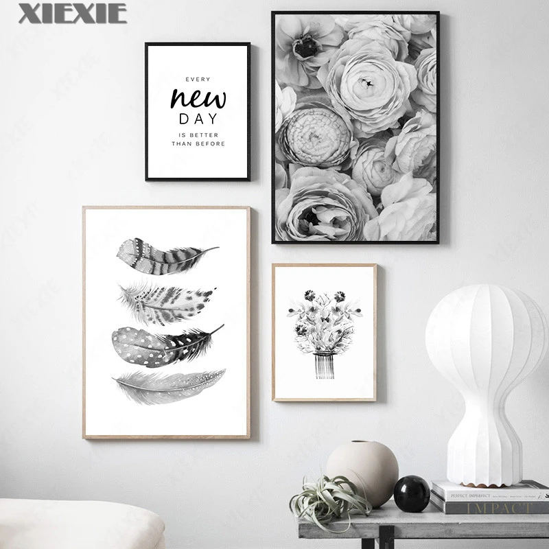 

Black and White Posters Prints Rose Flower Canvas Painting Art Feather Quote Wall Art Minimalist Pictures Living Room Home Decor