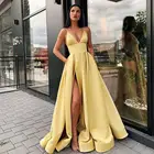 MD398 желтые платья на выпускной длинные 2021 высокого Разделение Праздничное платье на тонких бретелях торжественное вечернее платье с карманами; Robe De Noche