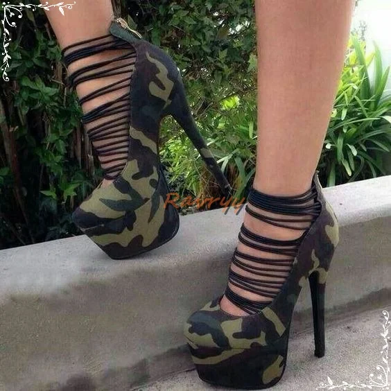 

Armygreen Platform Stiletto Black Pattern Round Toe High Heels Hollow Back Zipper Sexy Shoes Women's 2022 Spring Ankle Boots