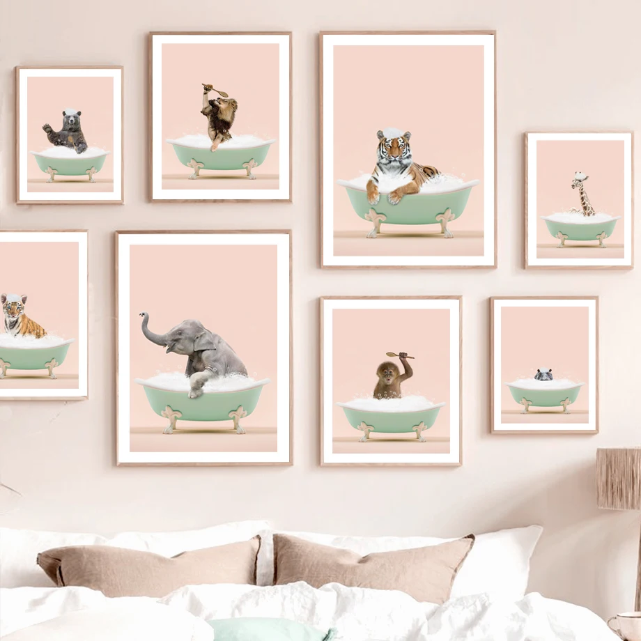 

Tub Tiger Elephant Bear Giraffe Hippo Orangutan Wall Art Canvas Painting Nordic Posters And Prints Wall Pictures Kids Room Decor