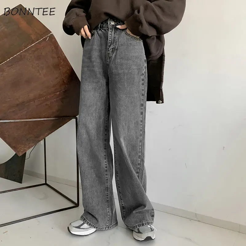 

Jeans Women Denim Vintage Retro Washed Button Bleached Wide-leg High Waist Autumn Trousers Ulzzang Streetwear Harajuku Loose