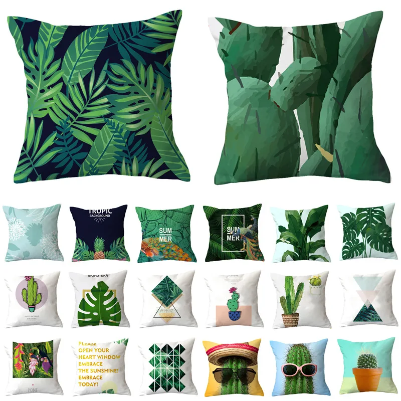 

Summer Tropical Plants Decorative Pillowcase Green Leaves Throw Pillow Case Short plush Printing Pillow Cover kussensloop