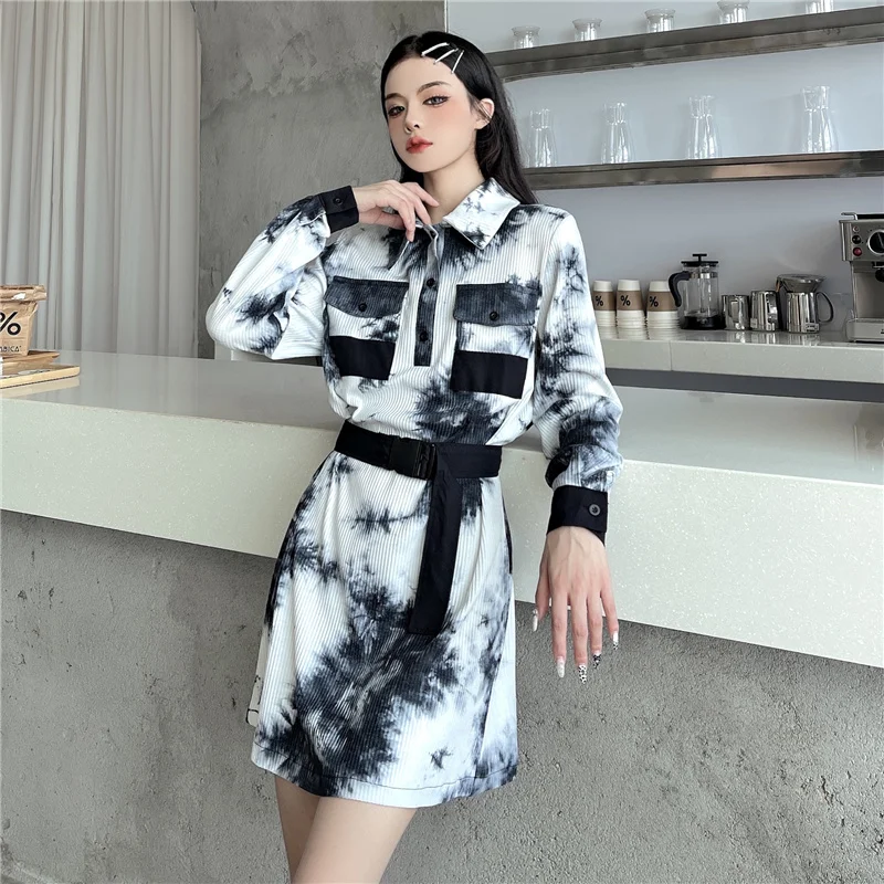 

Korean Fashion Cloth Vestidos Women Lapel Collar Pocket Long Sleeve Belt Dresses Gothic Lady Tie Dye Harajuku Mini Dress Autumn