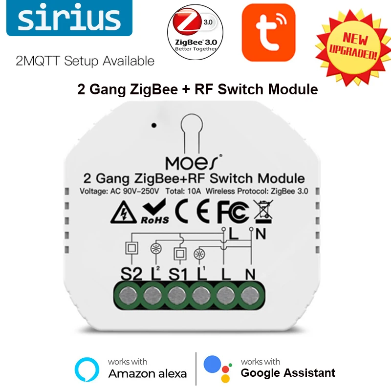 

Tuya 2 Gang Smart Light Switch Relay Module Zigbee + RF Switch Module ZigBee 3.0 Remote Control Work With Alexa Google Assistant