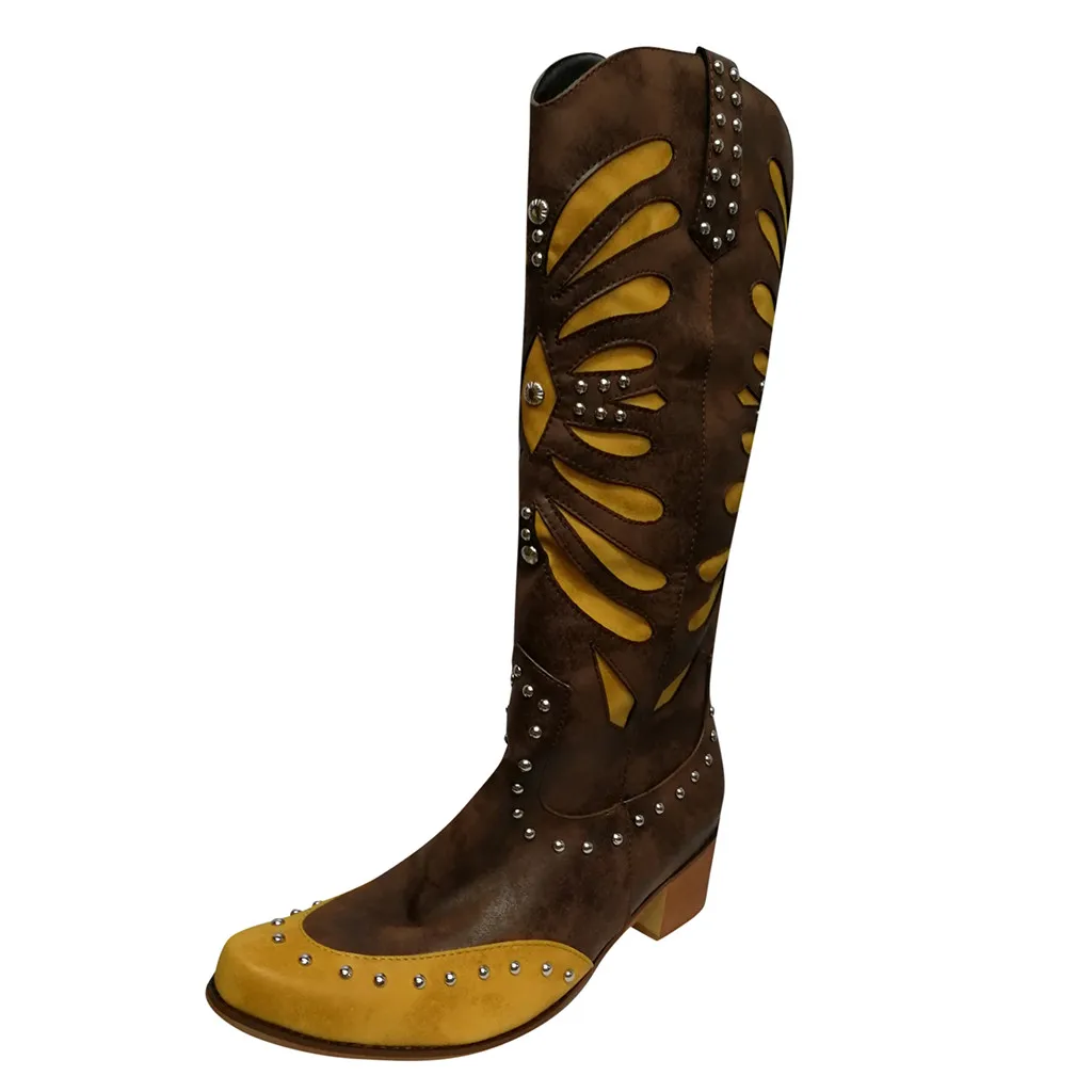 Women Vintage Booties Flats Square Head Low-heeled Western Rodeo Slip-On Boots Motorcycle Western Cowboy Boots Women Short Shoes