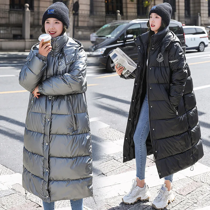 Russian Shiny Cotton-Padded Long Hooded Parka Women Over The Knee 2021 Winter Korean Loose Bread Coat Thick Cotton Jacket