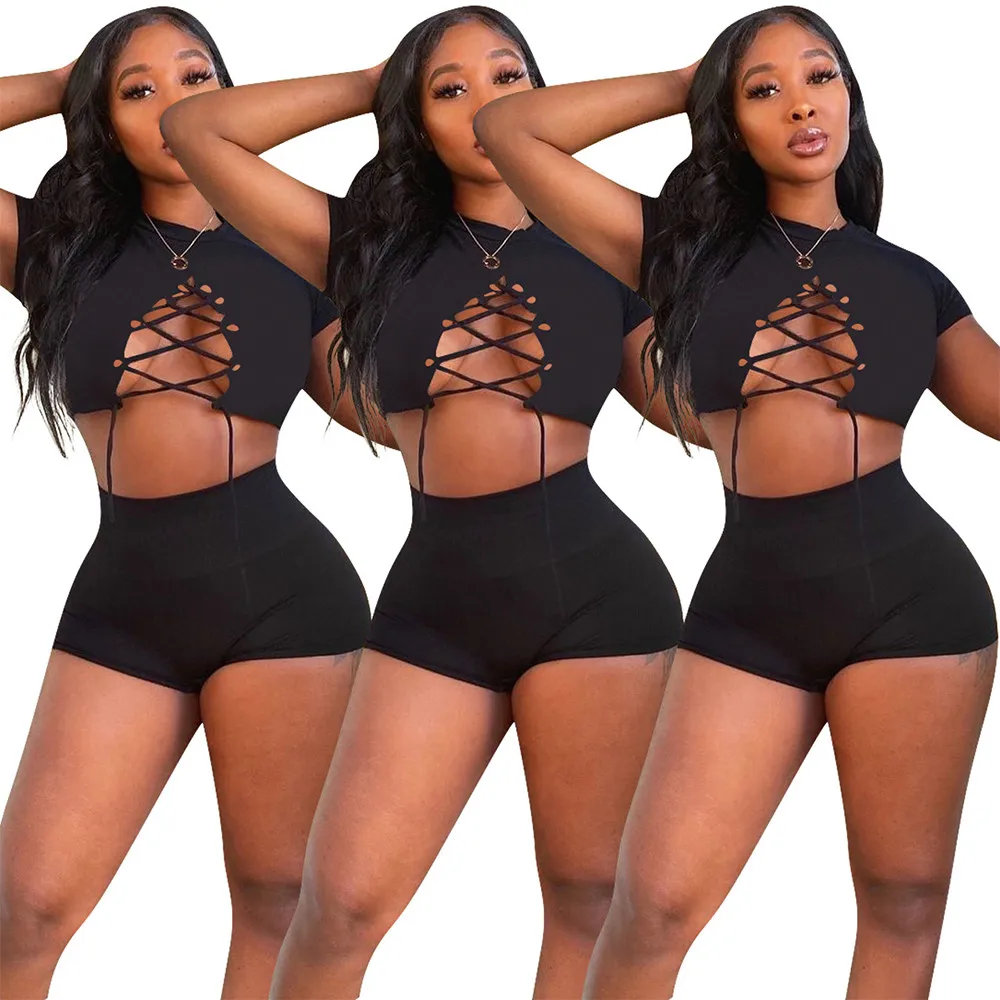 

Black Women Fitness Two Piece Short Set Summer Outfits Lace Up Hollow Out Short Sleeve Crop Top+high Waist Bodycon Biker Short
