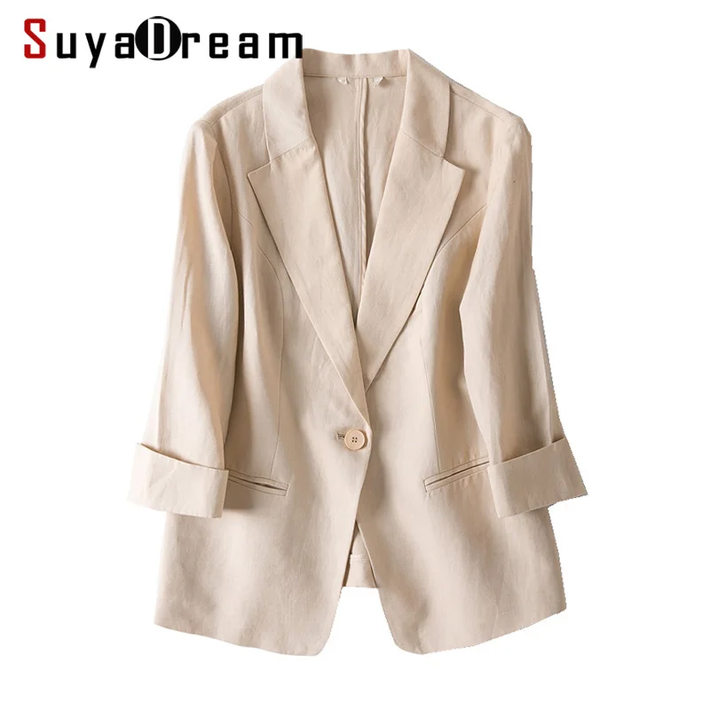 Women Linen Blazers Solid 3/4 Sleeved Single Button Office Lady Blazer 2022 NEW Fall Winter Out wear