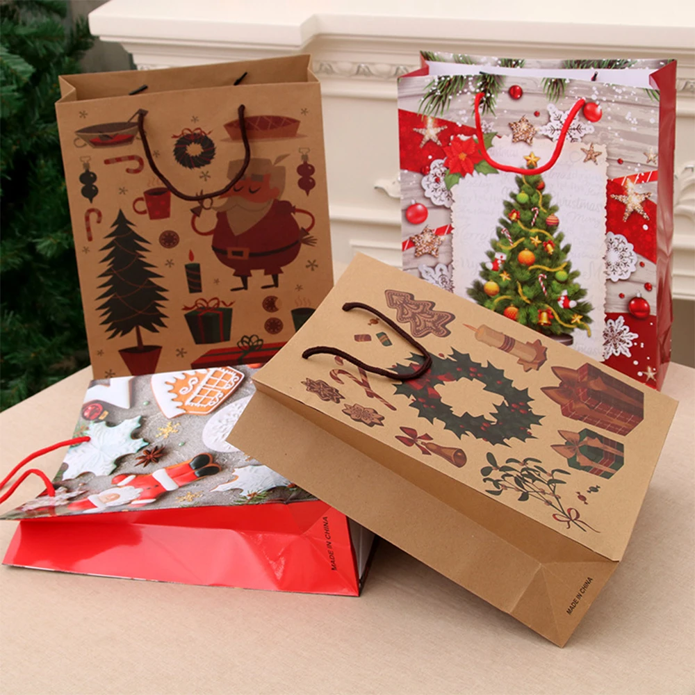 

12Pcs Christmas Gift Bags Santa Sacks Kraft Paper Bag Candy Bag Kids Party Favors Box Christmas Home New Year Decorations