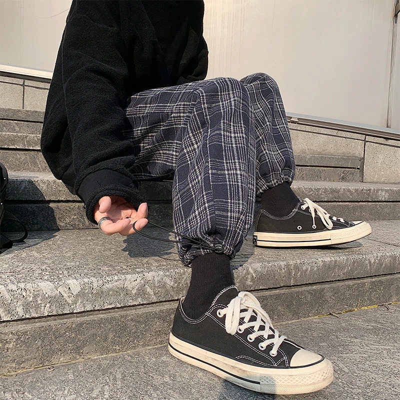 

Straight Plaid Pants for Men 2021 Spring New Drawstring Feet Mens Harem Pant Casual Male Clothing Vintage Hip Hop Streetwear