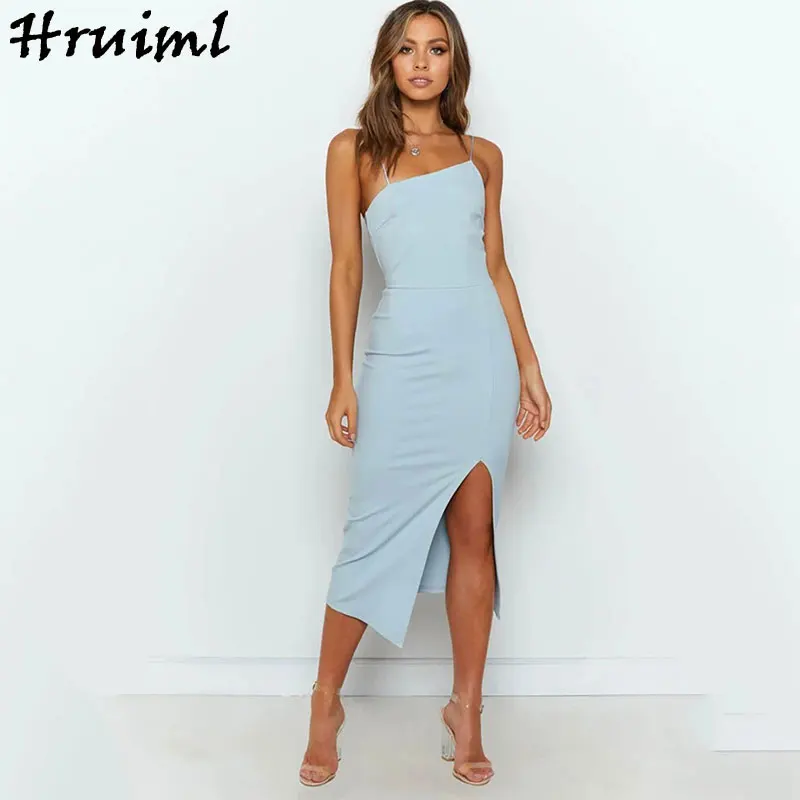 Платье женское однотонное с разрезом пикантное облегающее пляжное платье на