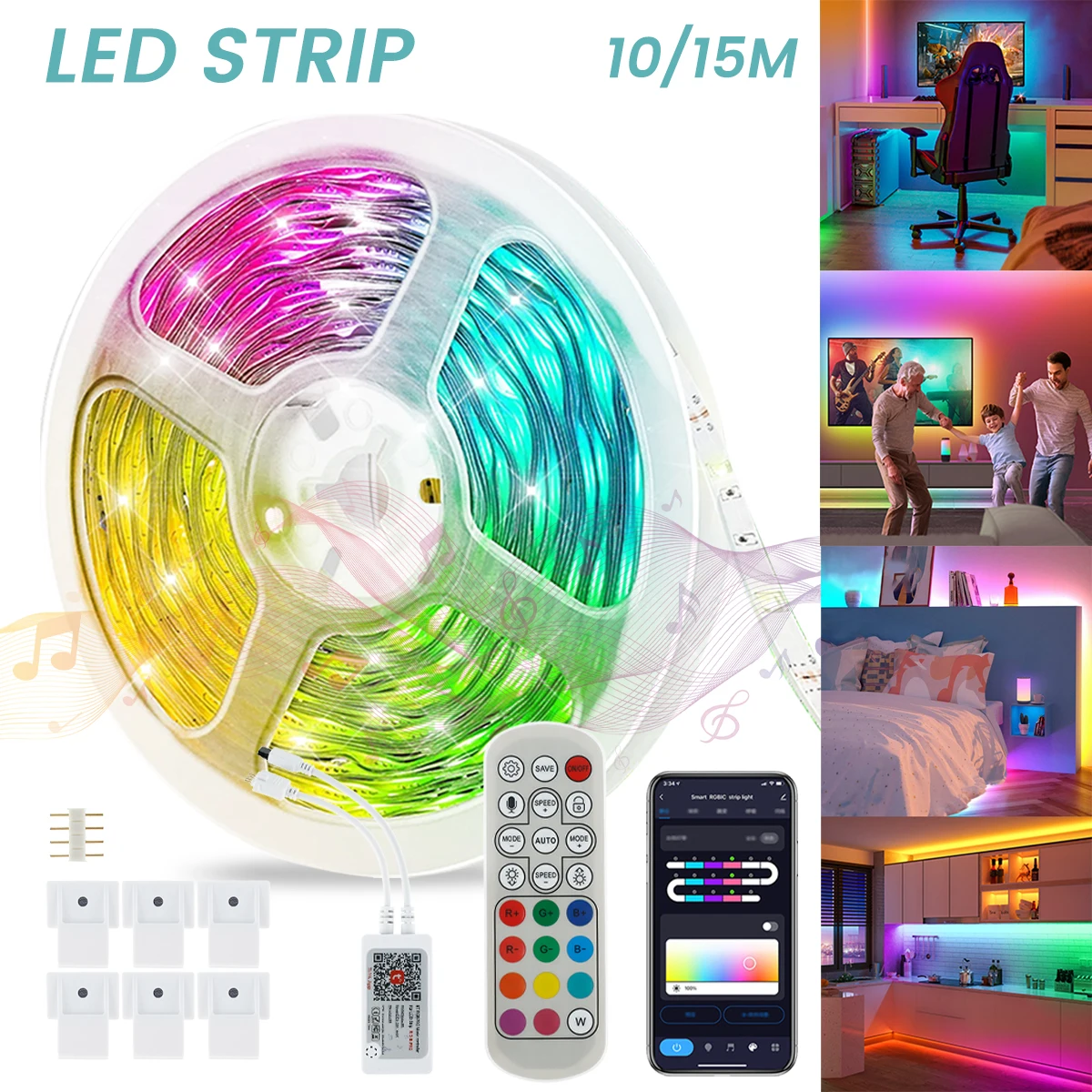 

LED Strip Light App Control Music Sync Lights with 64 Scene Modes Colors Remote Control LED Tape Light DIY Décor Color Changing