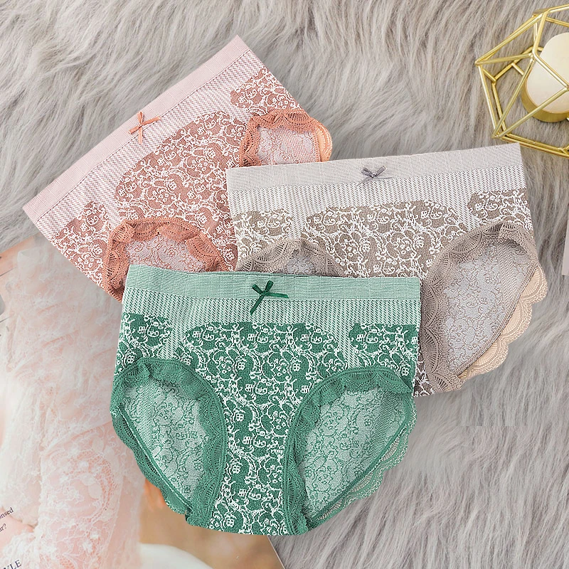 

Sexy Lace Briefs Women Mid-rise Panties Palace Style Underwear Ladies Seamless Printed Underpants Comfortable Lingerie
