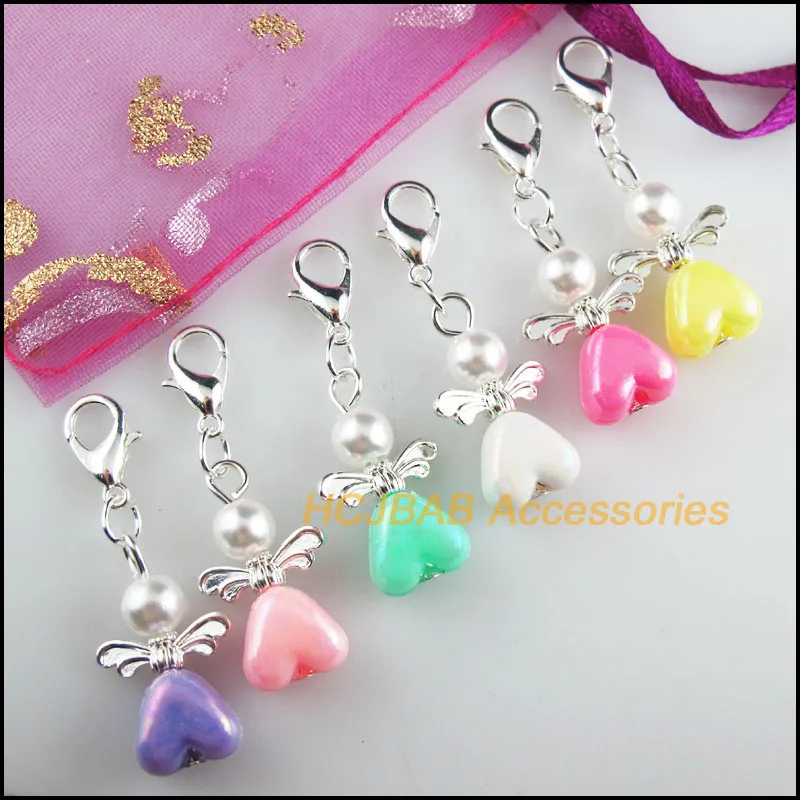 

12 New 13.5x23mm Angel Charms Mixed Tiny Heart Acrylic Silver Plated Retro With Lobster Claw Clasps