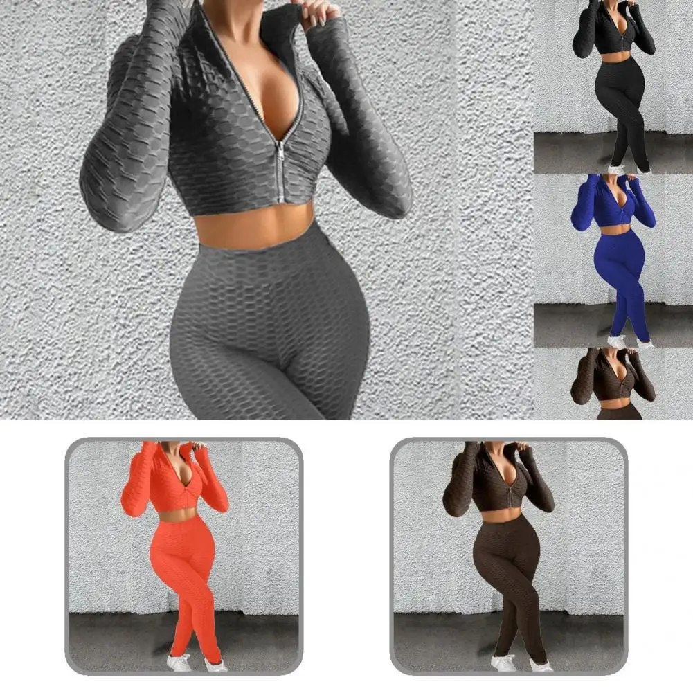 

Long Sleeve Quick-drying Crop Top Textured High Waist Pants Tracksuit for Jogging