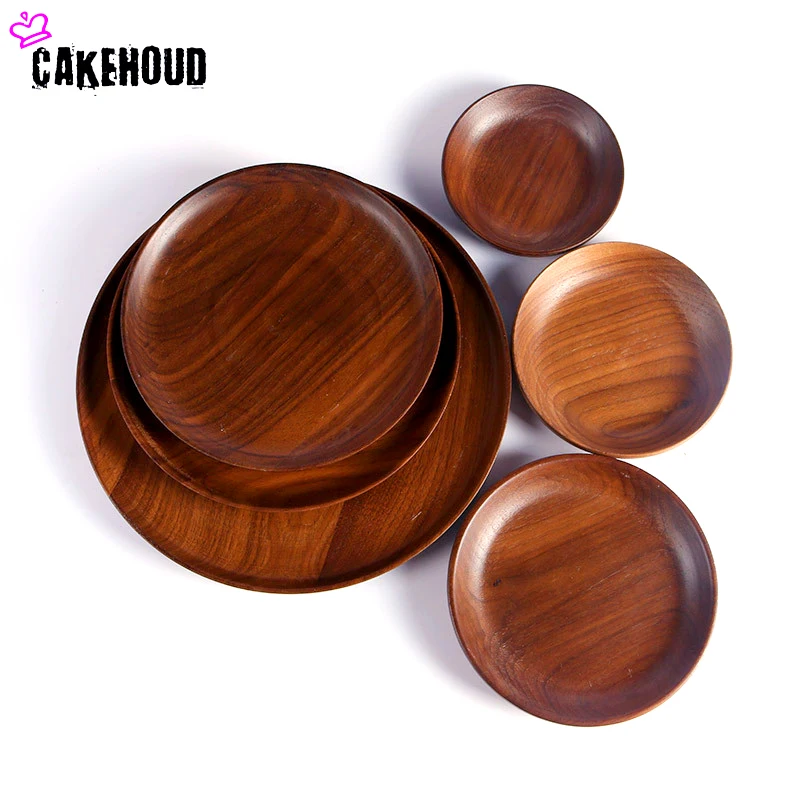 High Quality Black Walnut Round Wooden Western Dish Pizza Plates Coffee Dim Sum Dishes Restaurants Family Kitchen Tableware Set