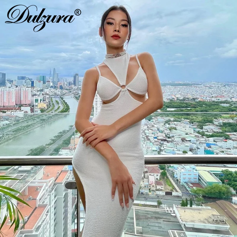 

Dulzura Ribbed Knitted Women Sleeveless Hollow Out Midi Dress Lace Up Side Slit Bodycon Sexy Streetwear Party Club 2021 Autumn