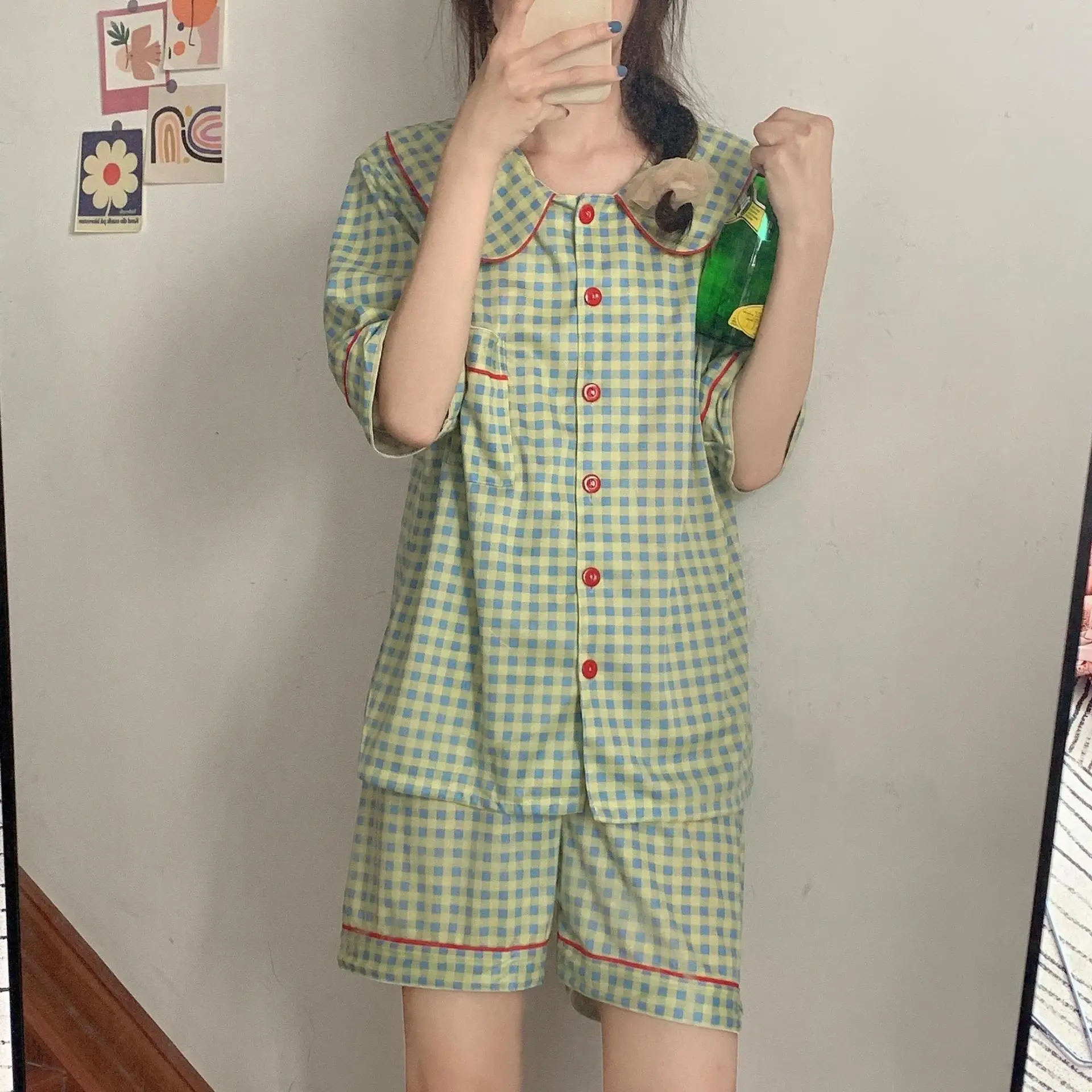 

Женский Пижамный костюм, новинка 2021, летняя простая повседневная свободная двухкомпонентная домашняя одежда в японском стиле Instagram с корот...