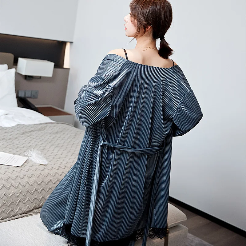 

Velvet Women Pajamas Set 3PCS Sleepwear Nightwear Novelty Purple Sleep Set Sexy Lace Trim Hollow Out Bathrobe Loose Home Clothes