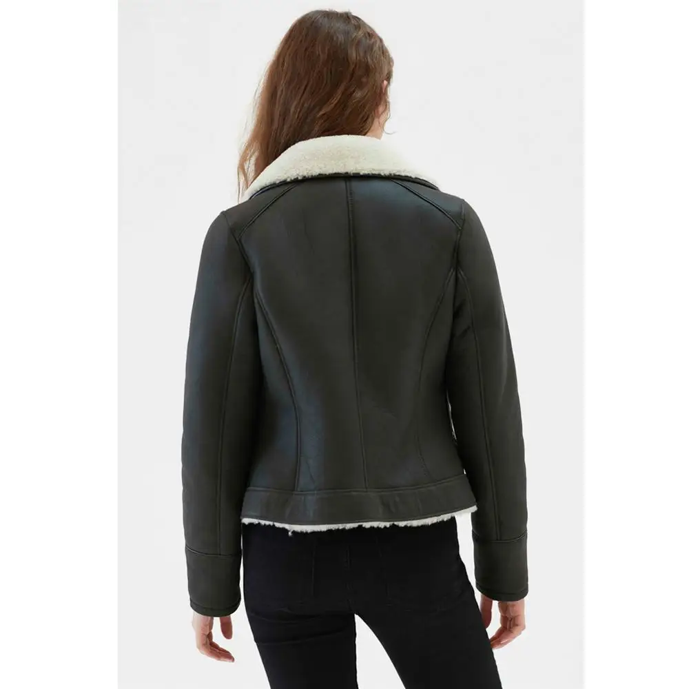 Womens Casual Shearling Jacket Turkey Sheepskin Coat Dark Green Leather Jacket Short Fur Jacket Womens Coats