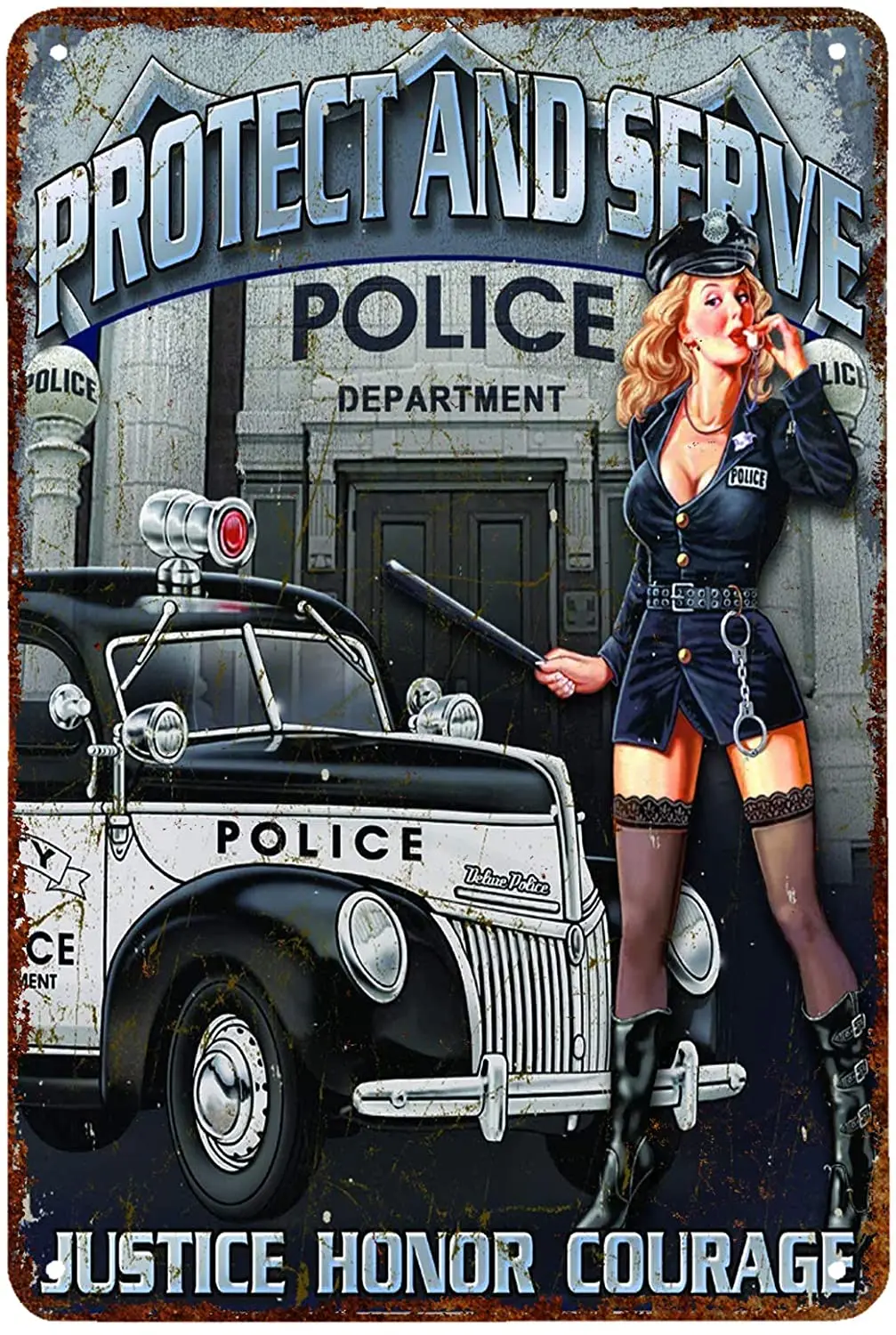 

Macucop Pin Up Woman Tin Sign, Protect and Serve Sexy Police Funny Home Decor Tin Sign Retro Metal 12" X 8"in