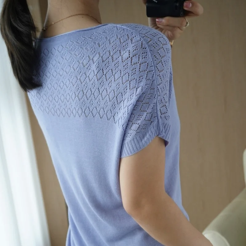 

2021 Summer New Women Blouse Solid Cotton Short Sleeve O-Neck Women Tops Casual Hollow Out Loose Office Lady Blouse Blusa 14647
