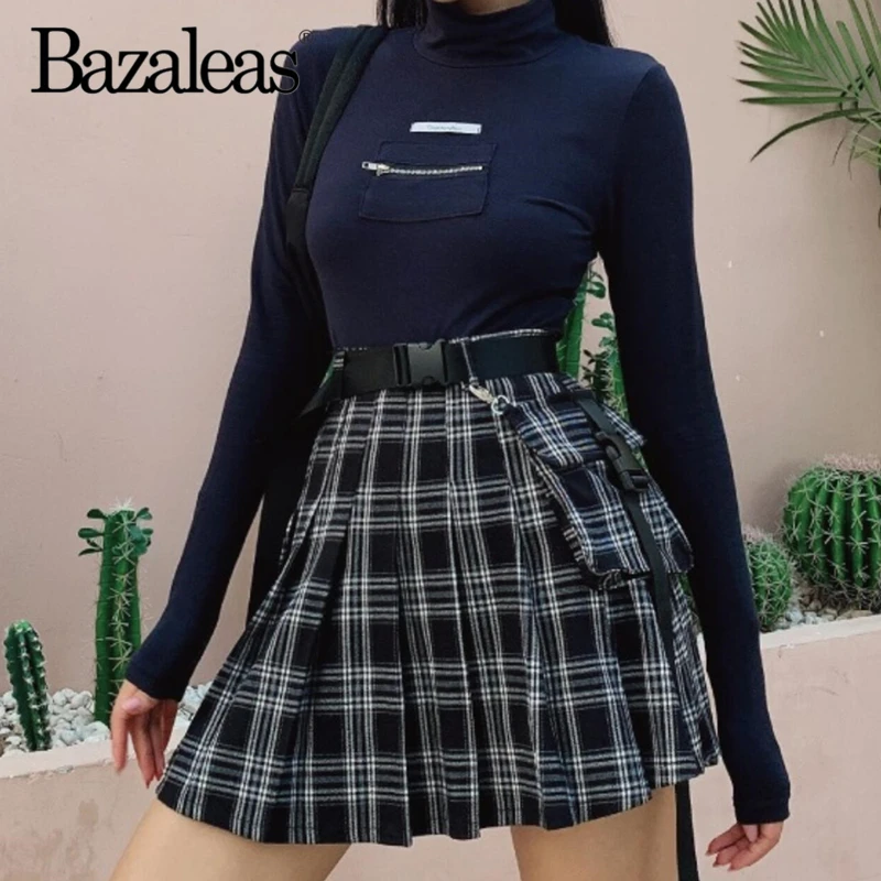 Bazaleas Готический боковой карман юбки женские панк faldas mujer moda Сексуальная шотландская плиссированная юбка saias мини юбка Прямая поставка