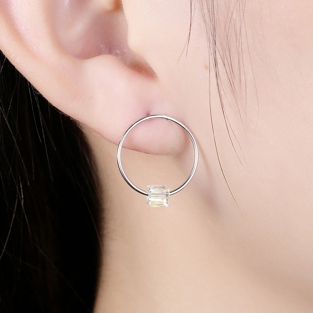 

SILVERHOO 925 Silver Big Hoop Stud Earrings Women Clear Geometric Austria Crystal Earrings Ladies Birthday Party Fashion Jewelry