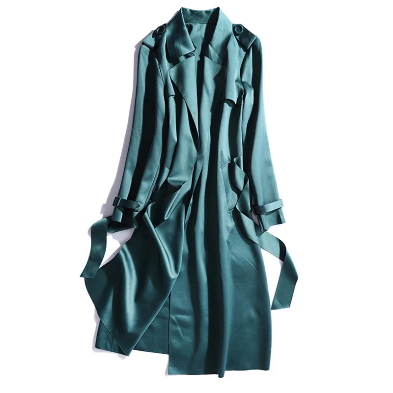

Женский тренчкот из шелка тутового шелкопряда с отложным воротником, высококачественный тренчкот для женщин, Осеннее длинное пальто с отложным воротником