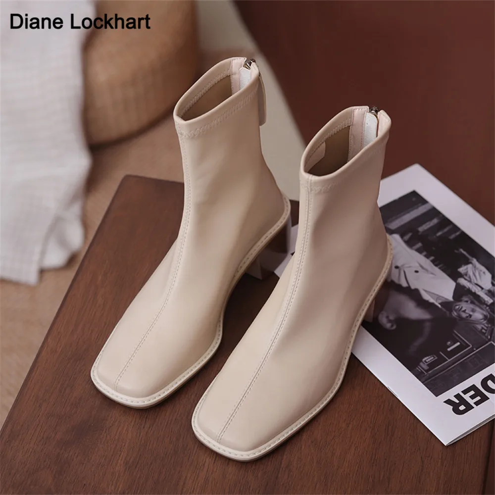 

2021 High Heel Fashion Ankle Boots Elastic Microfiber Leather Zipper Women Shoes Autumn Winter Square Toe Ladies Boots 33-40