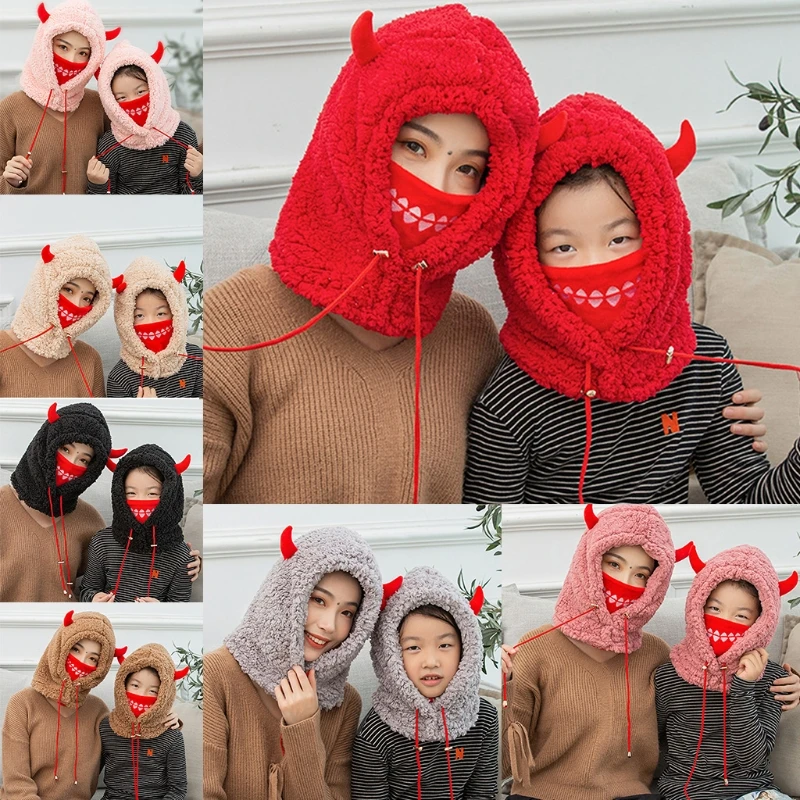 

Adult Kids Winter Balaclava Ski Mask Hood Hat Cartoon Ox Horn Plush Neck Warmer M5TE