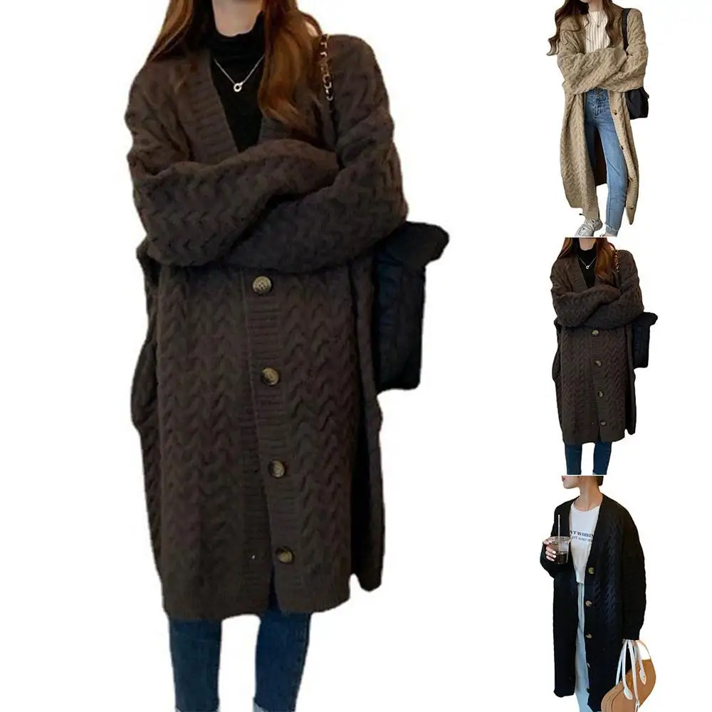 

Женский зимний Кардиган на пуговицах, однотонный вязаный свитер с длинным рукавом